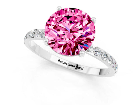 White gold Round Cut Pink Sapphire Solitaire Ring with Pave Band and Four Prong Setting_49