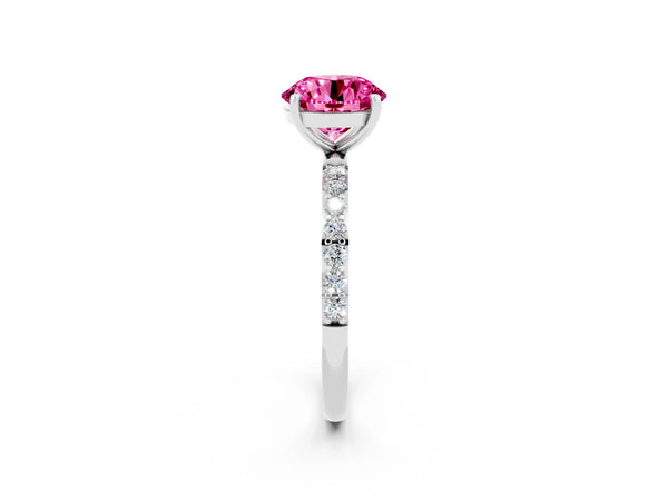 Platinum Round Cut Pink Sapphire Solitaire Ring with Round  Pavé Band and Prong Setting