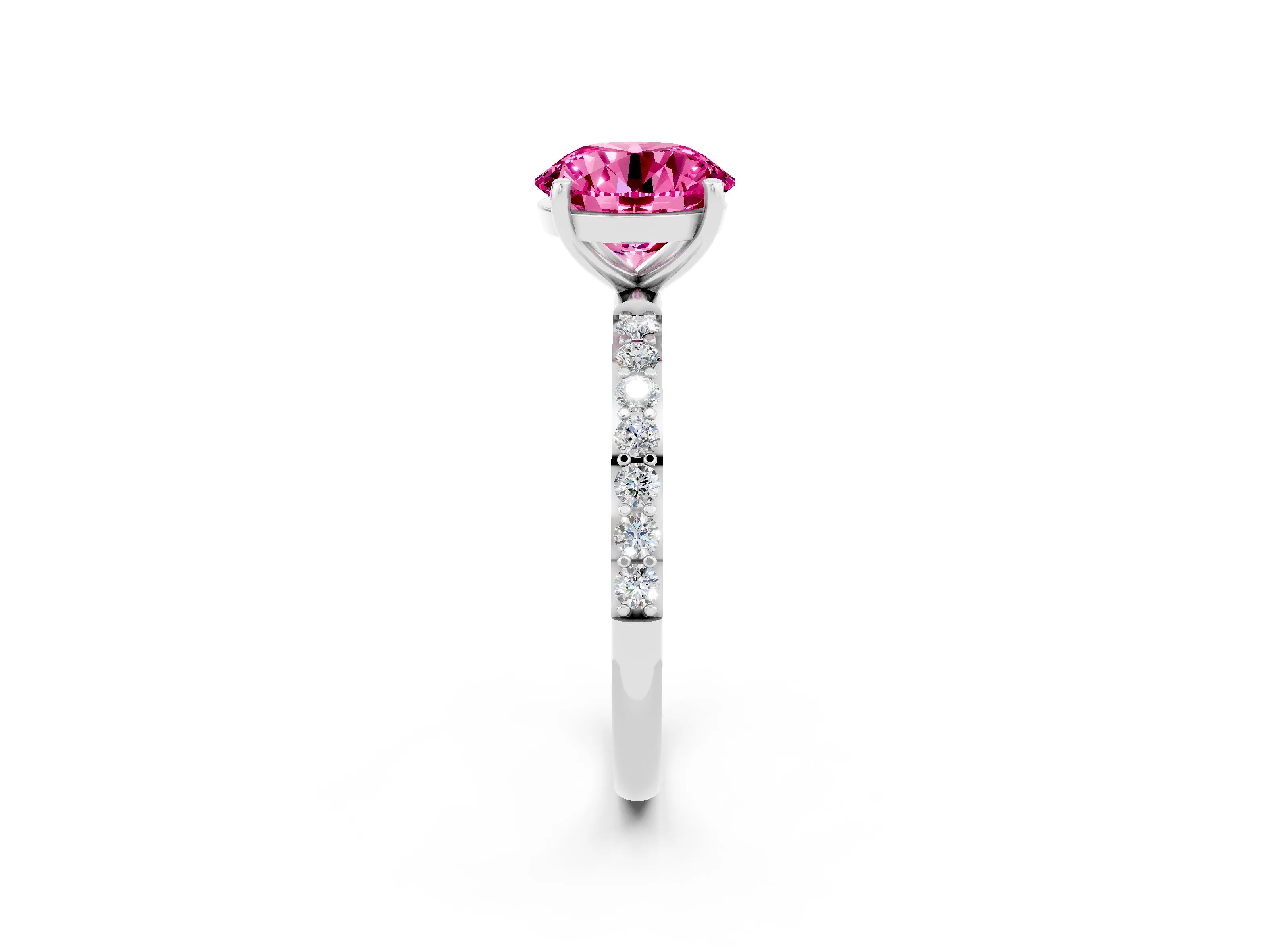 White gold Round Cut Pink Sapphire Solitaire Ring with Pave Band and Four Prong Setting_50