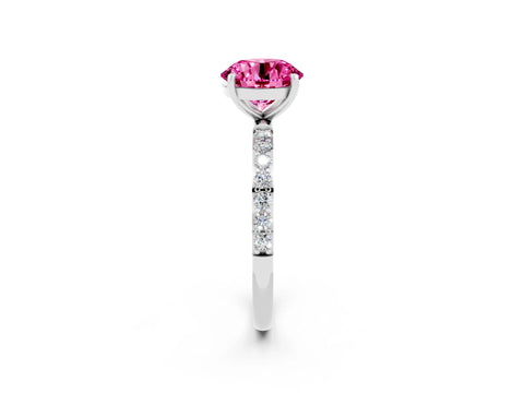 White gold Round Cut Pink Sapphire Solitaire Ring with Pave Band and Four Prong Setting_50