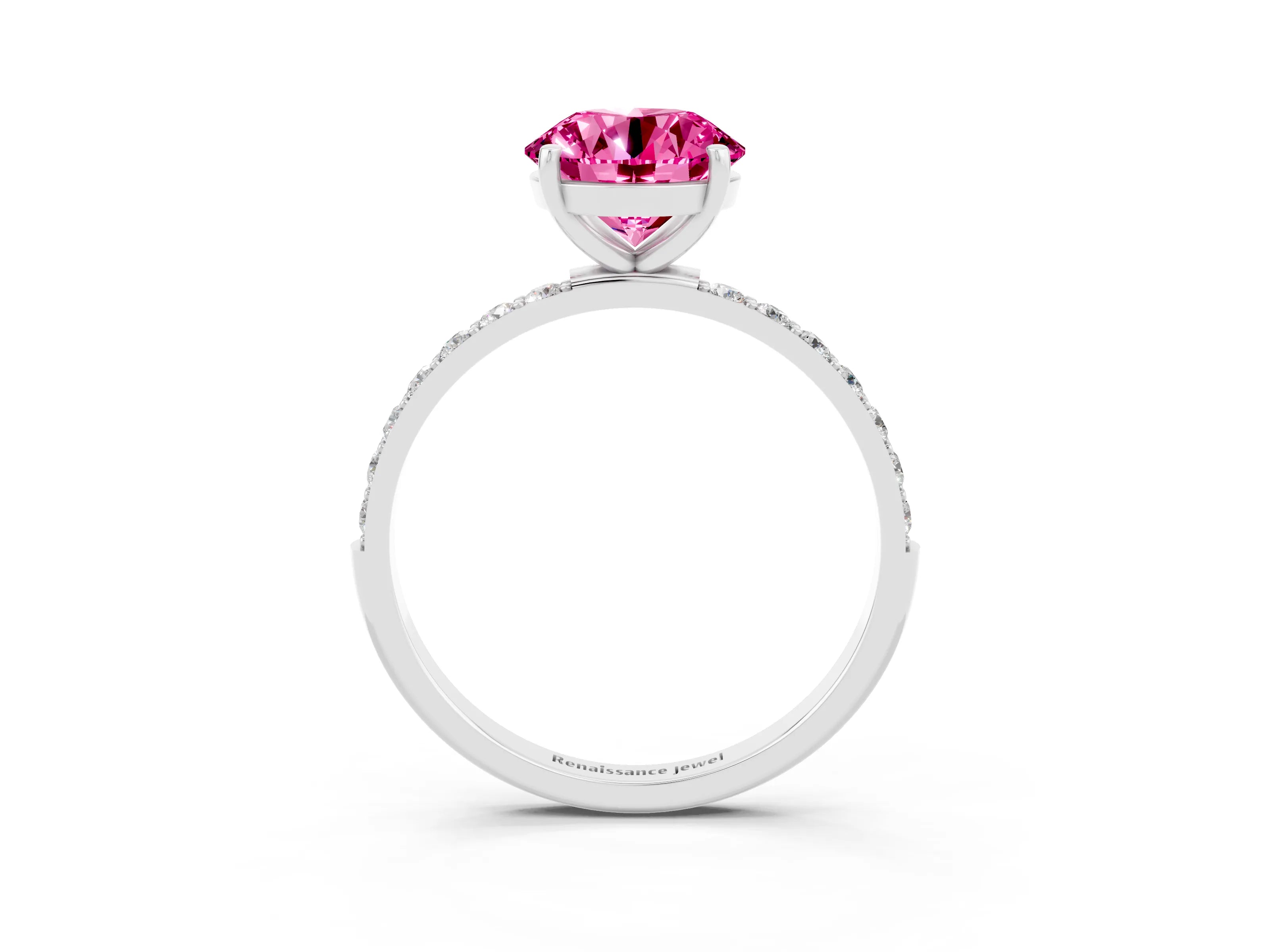 White gold Round Cut Pink Sapphire Solitaire Ring with Pave Band and Four Prong Setting_51