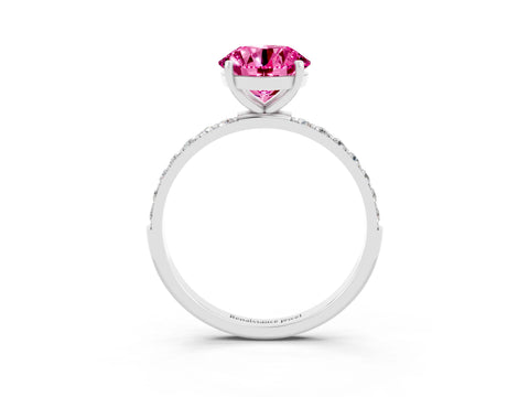 White gold Round Cut Pink Sapphire Solitaire Ring with Pave Band and Four Prong Setting_51