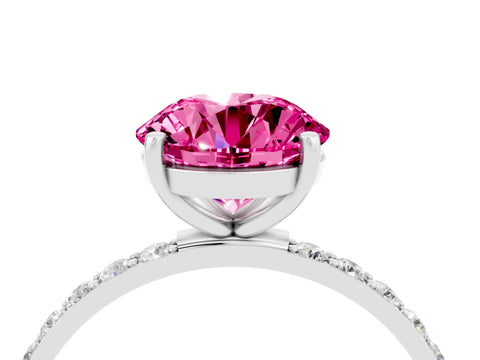 White gold Round Cut Pink Sapphire Solitaire Ring with Pave Band and Four Prong Setting_52