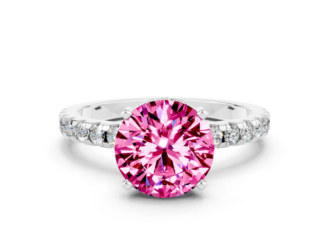 White gold Round Cut Pink Sapphire Solitaire Ring with Round  Pavé Band and Four-Prong Setting_48