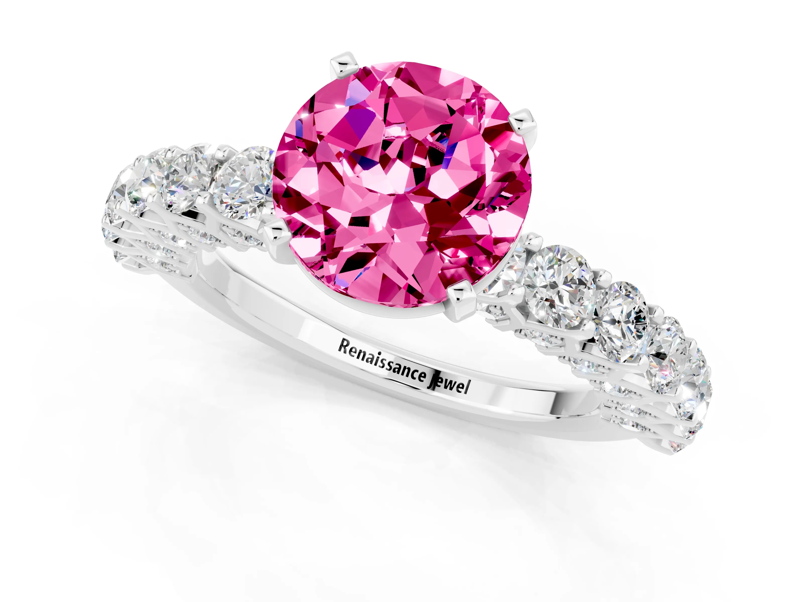 White gold Round Cut Pink Sapphire Solitaire Ring with Shared Prong Pavé Band and Four-Prong Setting_1