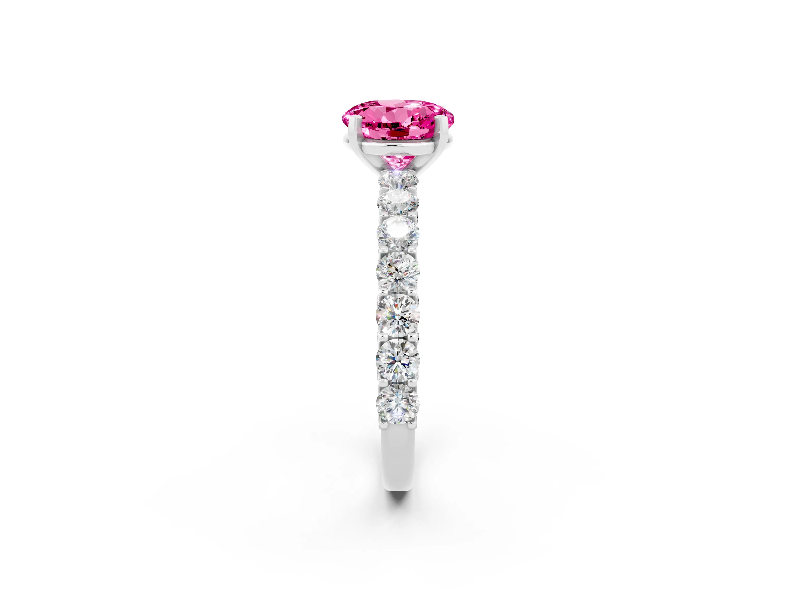 White gold Round Cut Pink Sapphire Solitaire Ring with Shared Prong Pavé Band and Four-Prong Setting_2