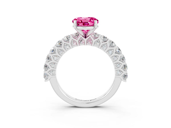 White gold Round Cut Pink Sapphire Solitaire Ring with Shared Prong Pavé Band and Four-Prong Setting