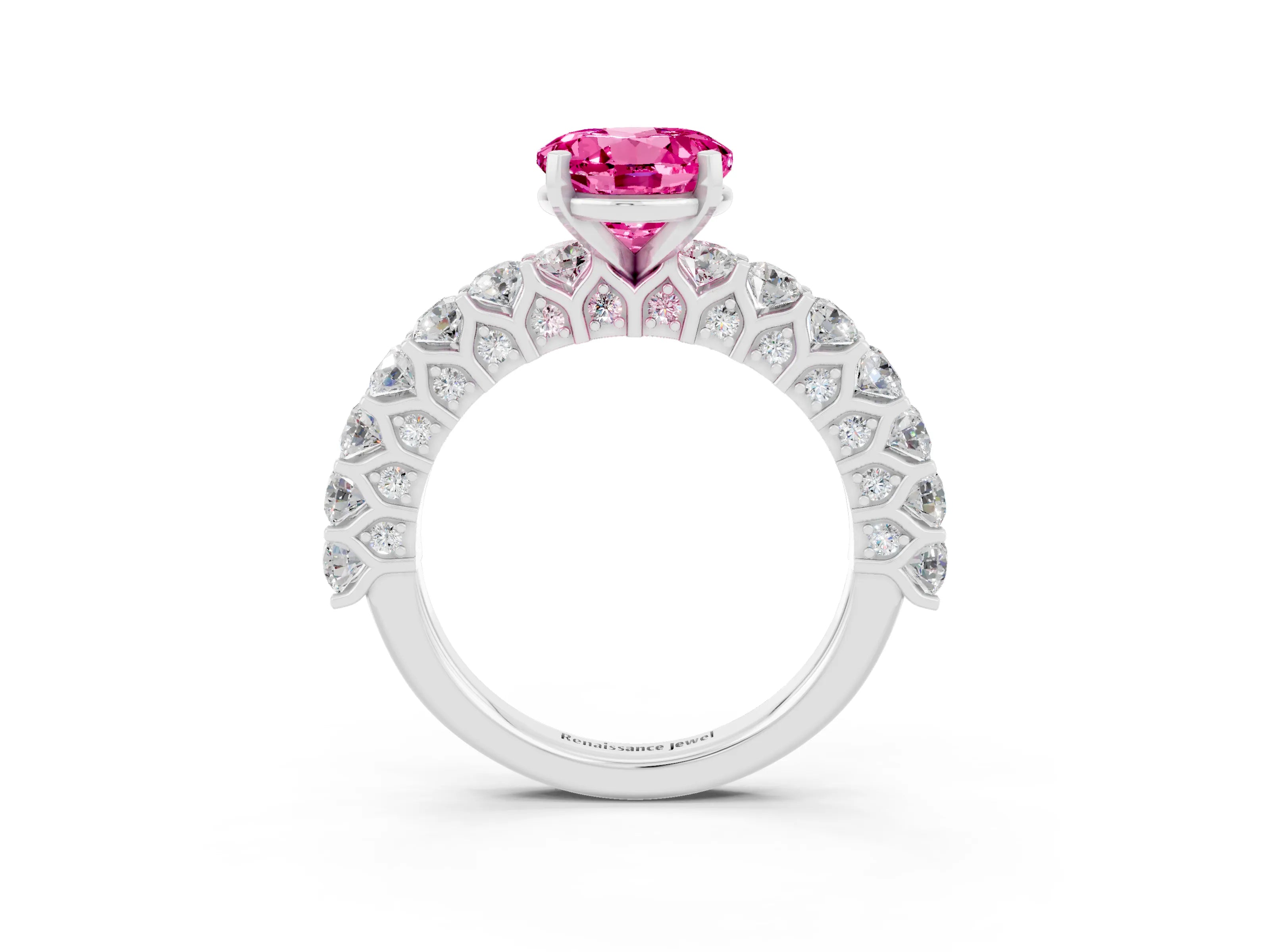 White gold Round Cut Pink Sapphire Solitaire Ring with Shared Prong Pavé Band and Four-Prong Setting_3