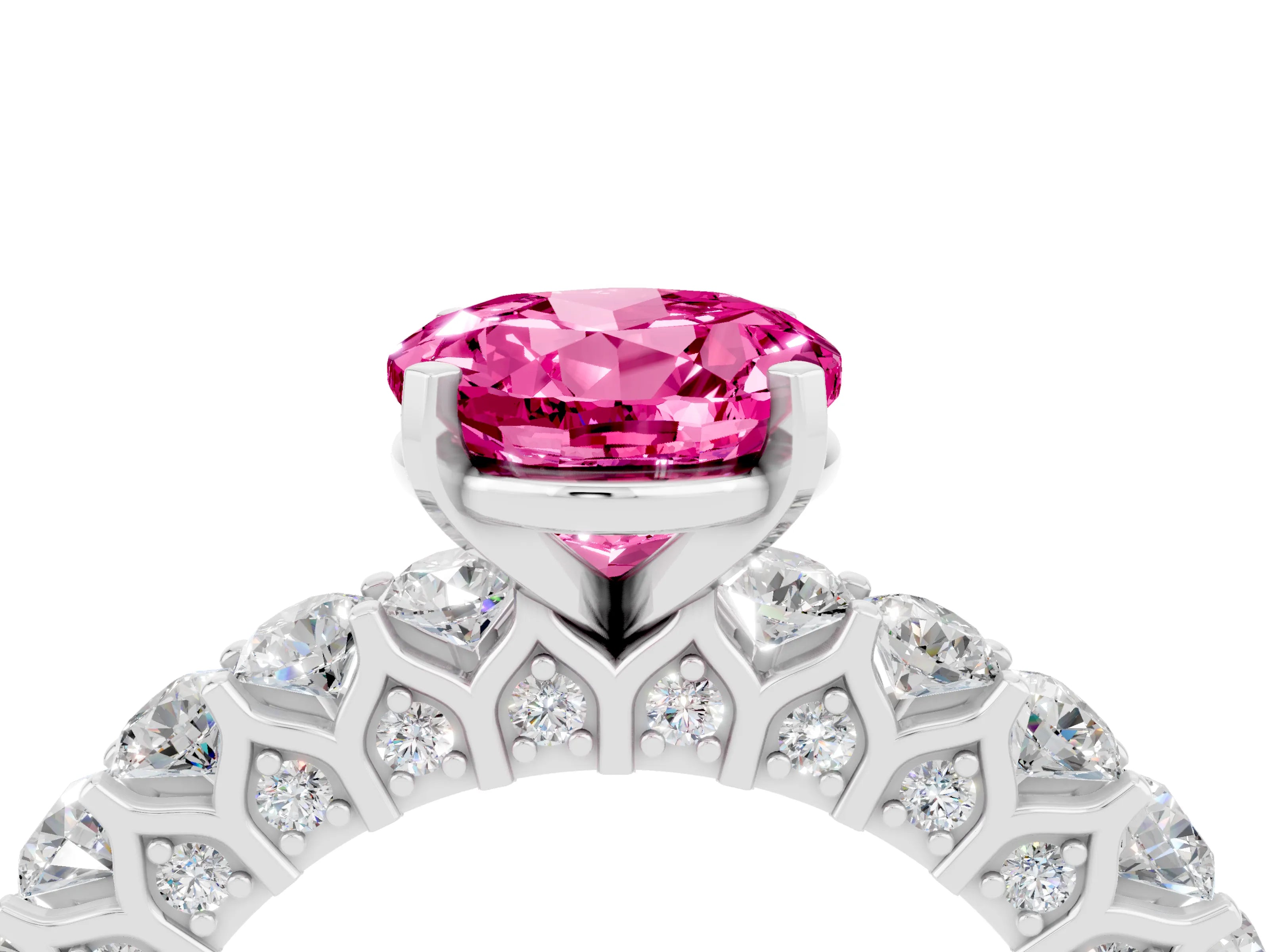 White gold Round Cut Pink Sapphire Solitaire Ring with Shared Prong Pavé Band and Four-Prong Setting_4