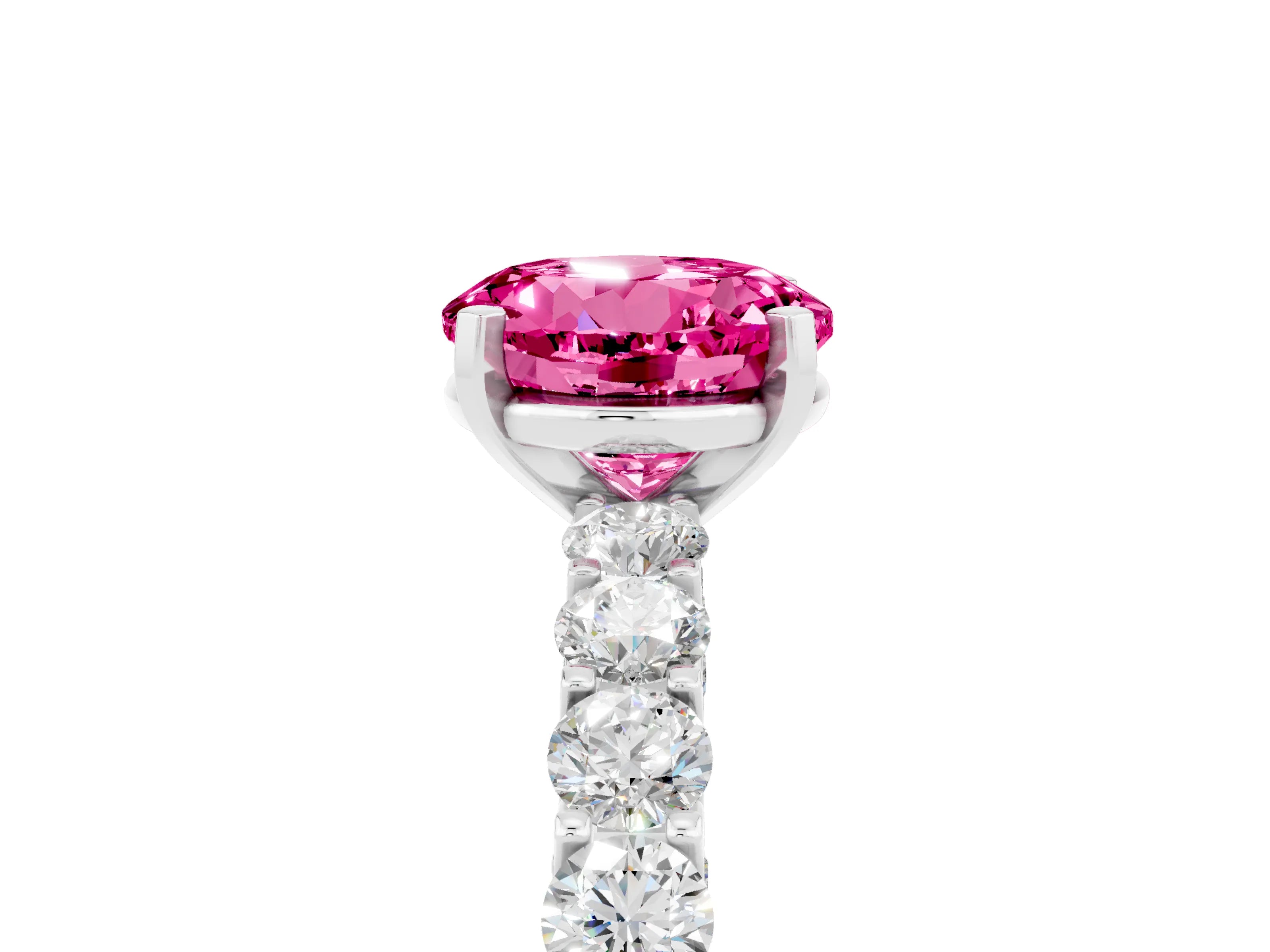 White gold Round Cut Pink Sapphire Solitaire Ring with Shared Prong Pavé Band and Four-Prong Setting_5