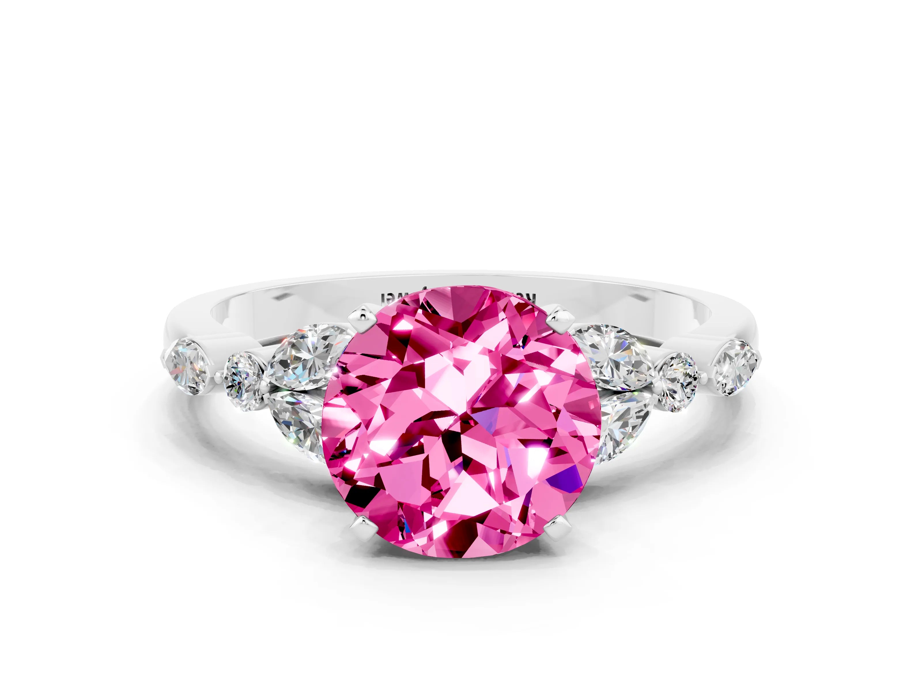 White gold Round Cut Pink Sapphire Solitaire Ring with Side Stones and Four-Prong Setting_12