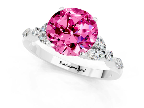 Platinum Round Cut Pink Sapphire Solitaire Ring with Side Stones and Four-Prong Setting