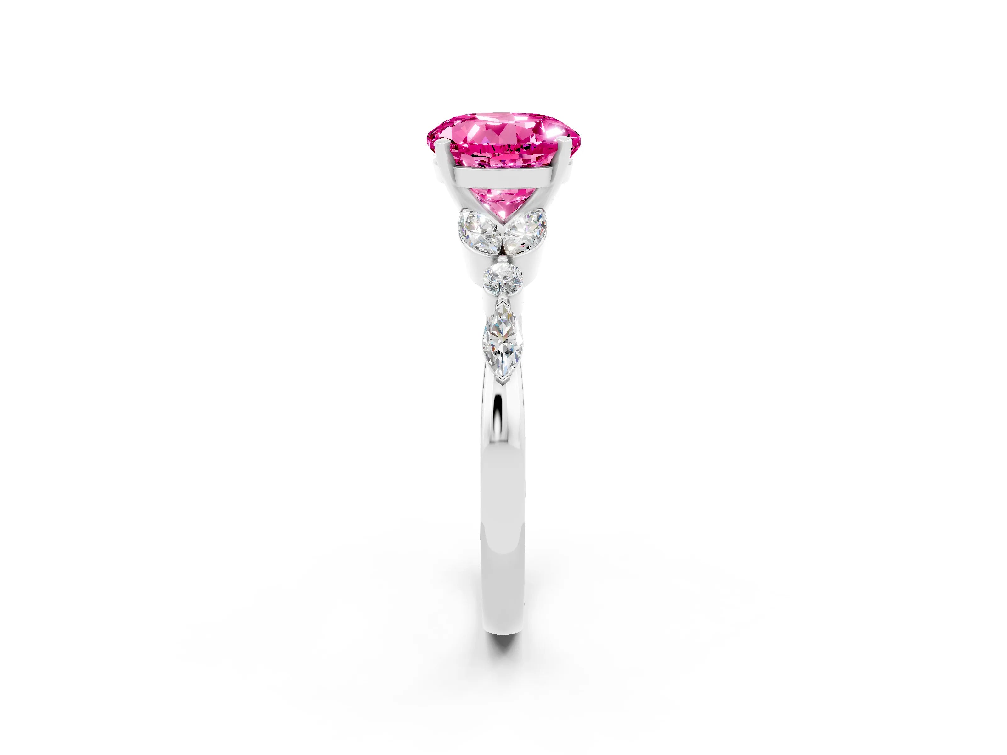 White gold Round Cut Pink Sapphire Solitaire Ring with Side Stones and Four-Prong Setting_14