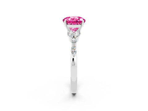 White gold Round Cut Pink Sapphire Solitaire Ring with Side Stones and Four-Prong Setting_14