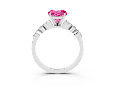 White gold Round Cut Pink Sapphire Solitaire Ring with Side Stones and Four-Prong Setting_15