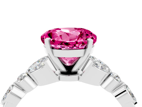 White gold Round Cut Pink Sapphire Solitaire Ring with Side Stones and Four-Prong Setting_16