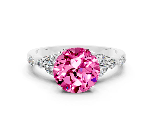 White gold Round Cut Pink Sapphire Solitaire Ring with Side Stones and Four-Prong Setting
