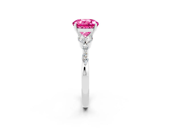 White gold Round Cut Pink Sapphire Solitaire Ring with Side Stones and Four-Prong Setting