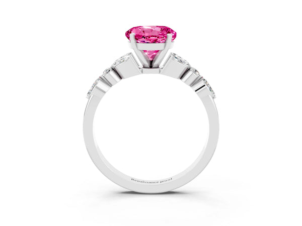 White gold Round Cut Pink Sapphire Solitaire Ring with Side Stones and Four-Prong Setting