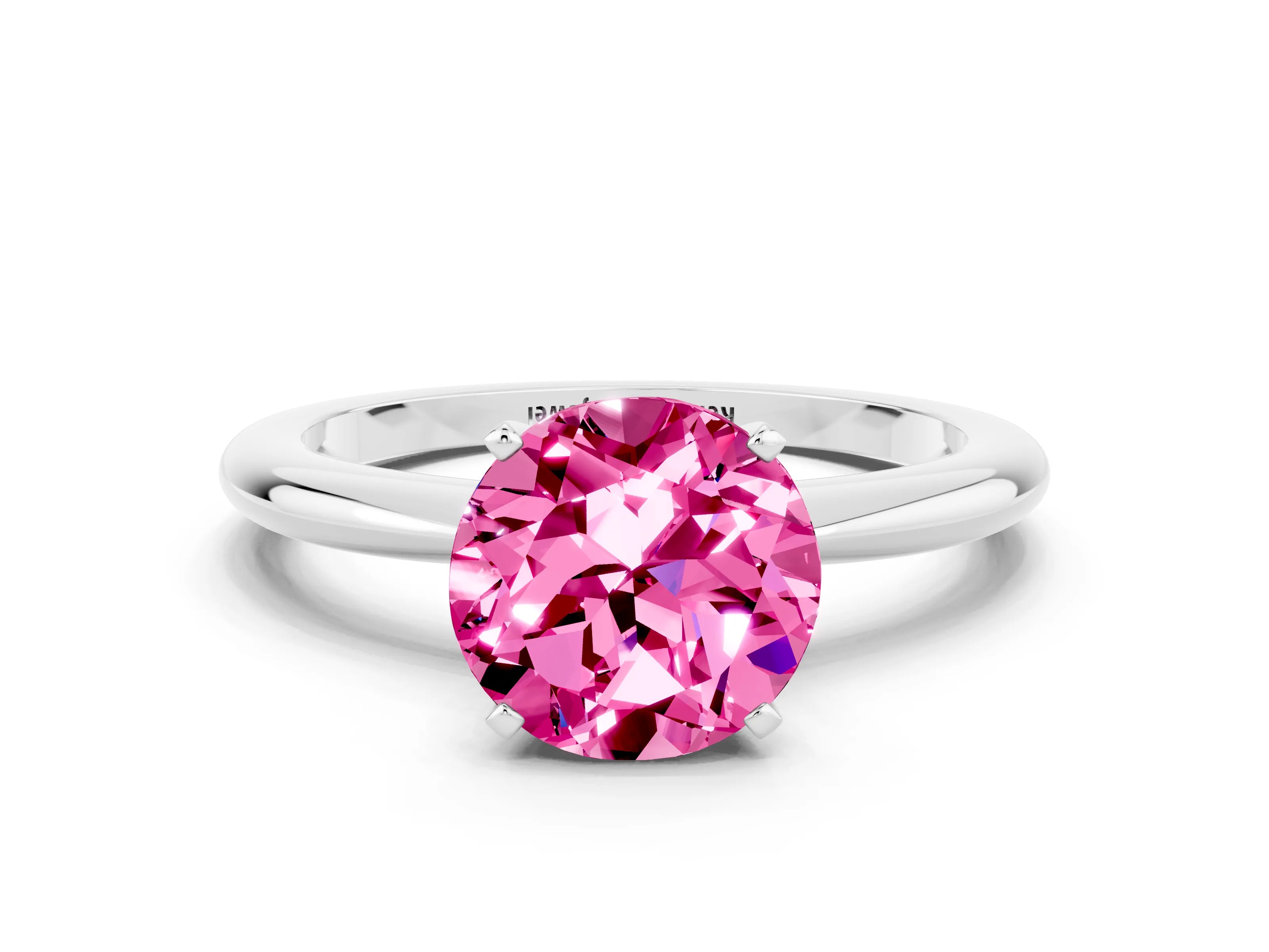 White gold Round Cut Pink Sapphire Solitaire Ring with Six-Prong Setting and Classic Band