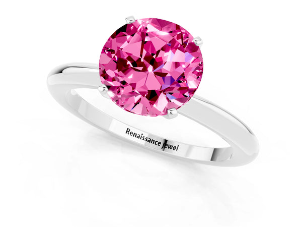 Platinum Round Cut Pink Sapphire Solitaire Ring with Six-Prong Setting and Classic Band