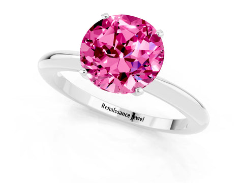 White gold Round Cut Pink Sapphire Solitaire Ring with Six-Prong Setting and Classic Band_1