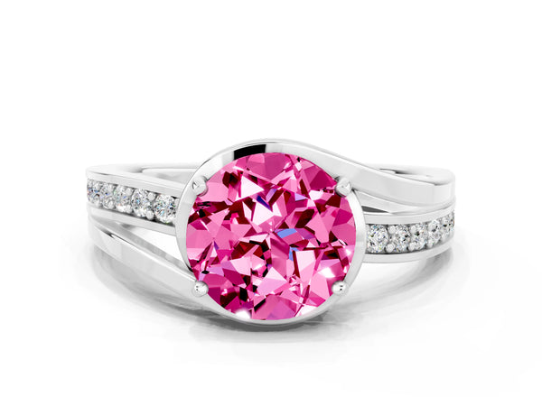 Platinum Round Cut Pink Sapphire Solitaire Ring with Split Shank and Prong Setting