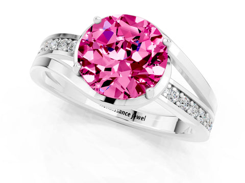 White gold Round Cut Pink Sapphire Solitaire Ring with Split Shank and Prong Setting_1