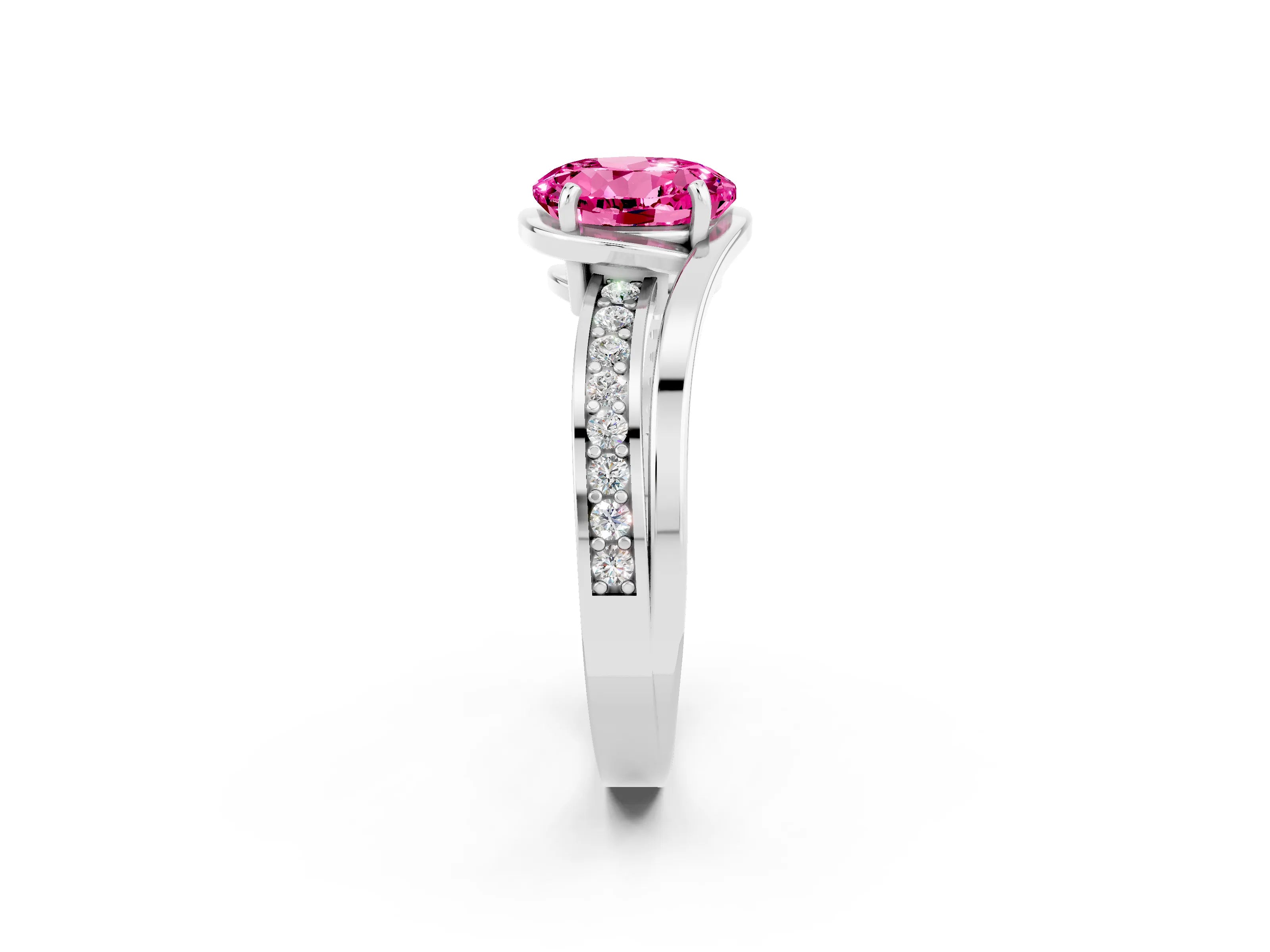 White gold Round Cut Pink Sapphire Solitaire Ring with Split Shank and Prong Setting_2
