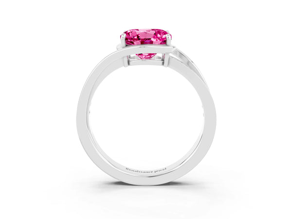 Silver Round Cut Pink Sapphire Solitaire Ring with Split Shank and Prong Setting