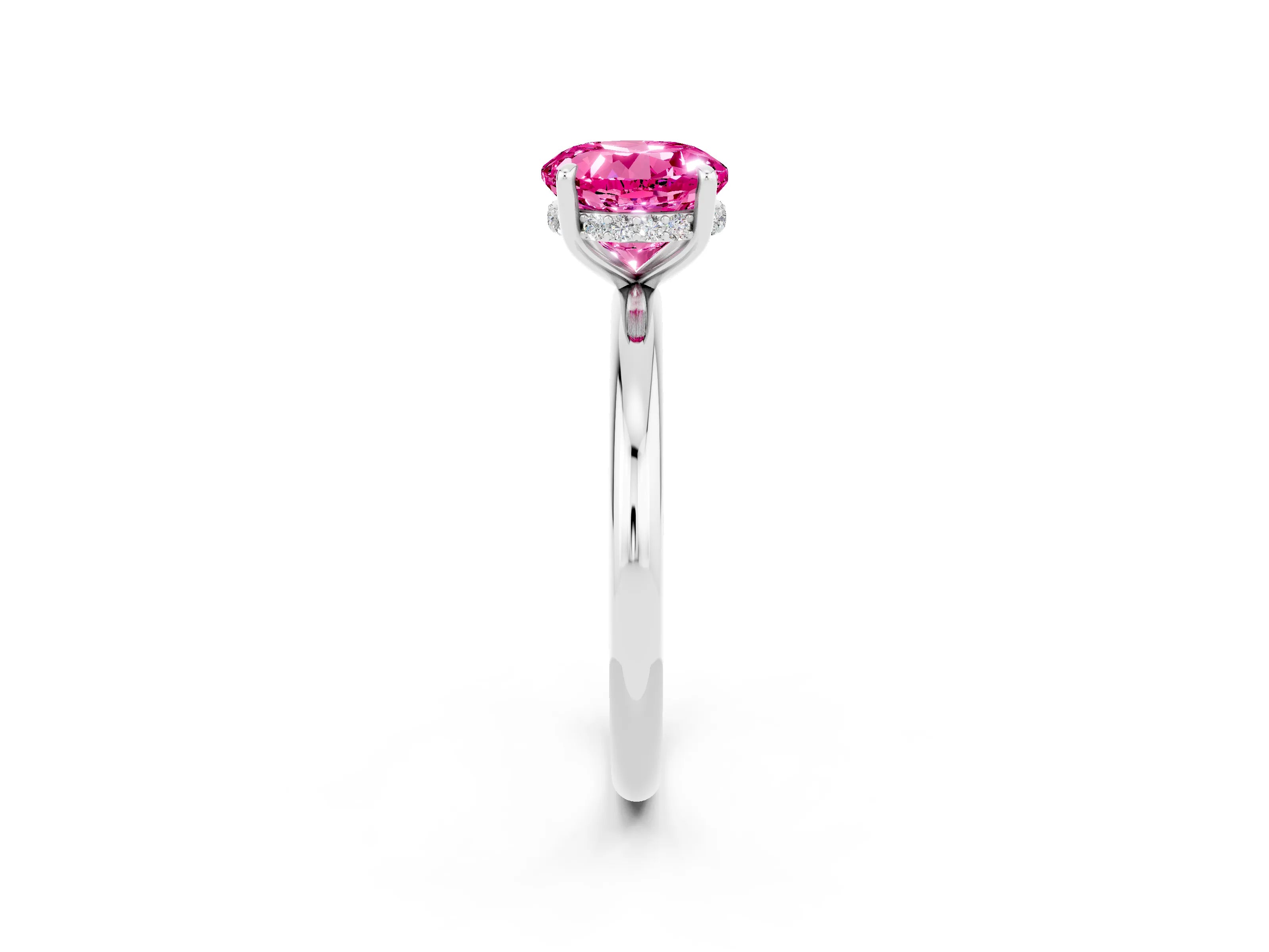 White gold Round Cut Pink Sapphire Solitaire Ring with Thin Band and Four-Prong Setting_38