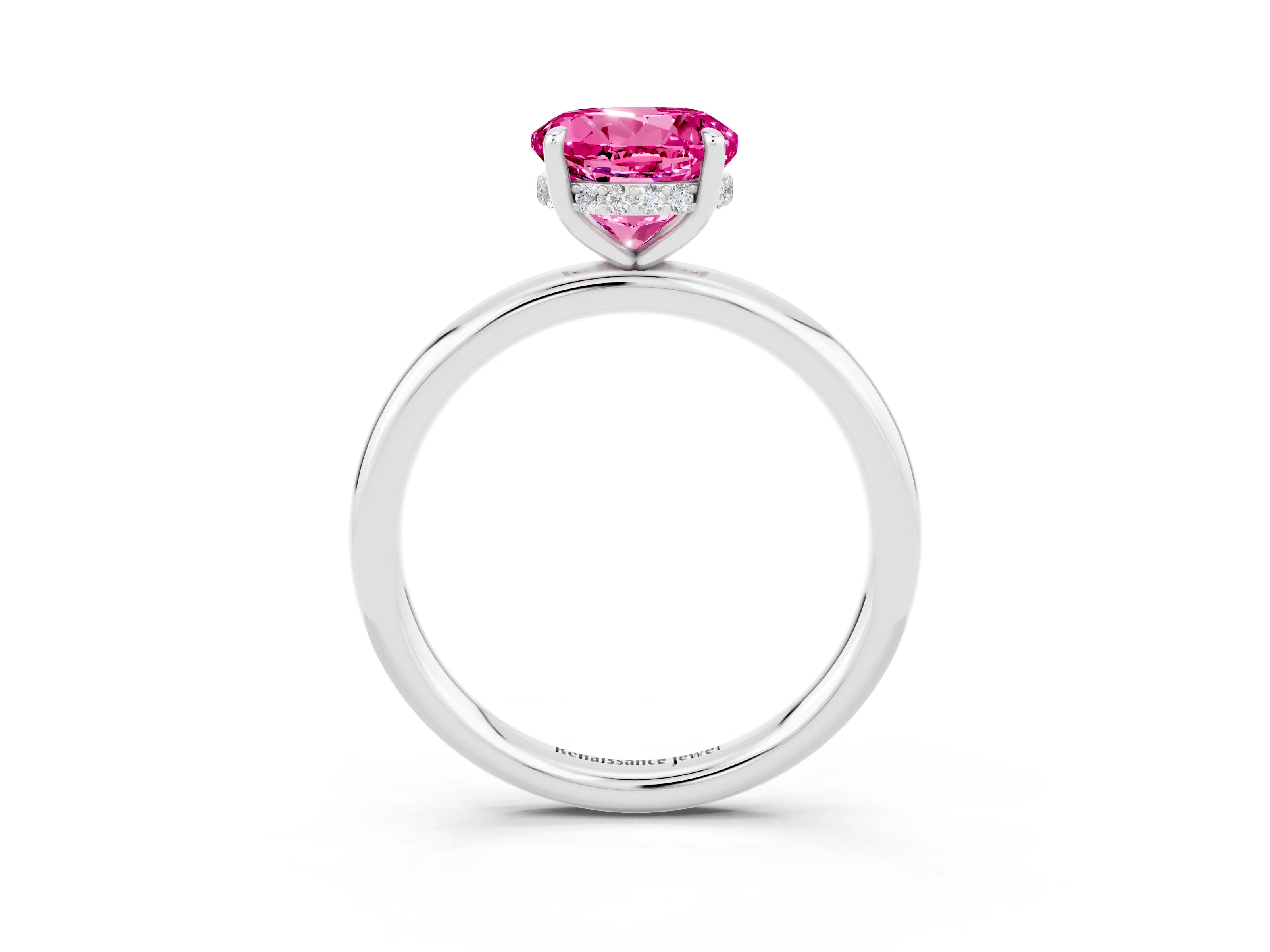 White gold Round Cut Pink Sapphire Solitaire Ring with Thin Band and Four-Prong Setting_39