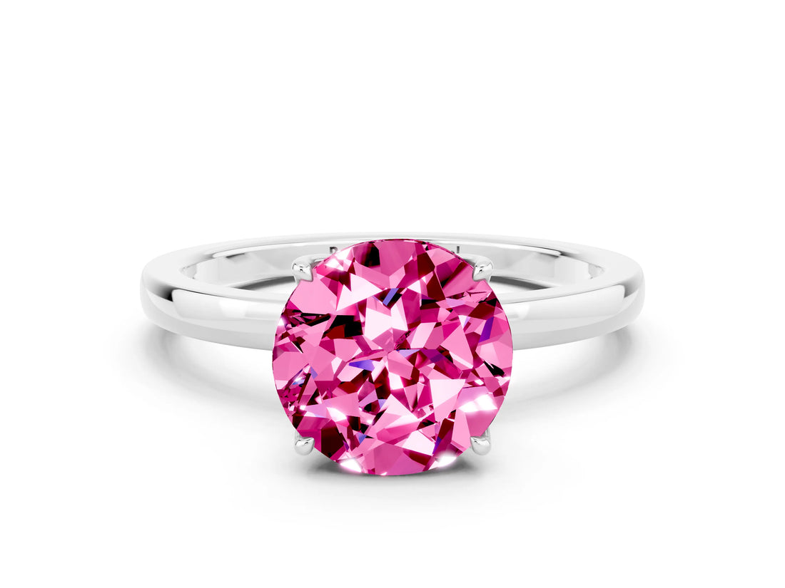 White gold Round Cut Pink Sapphire Solitaire Ring with Thin Band and Prong Setting_12