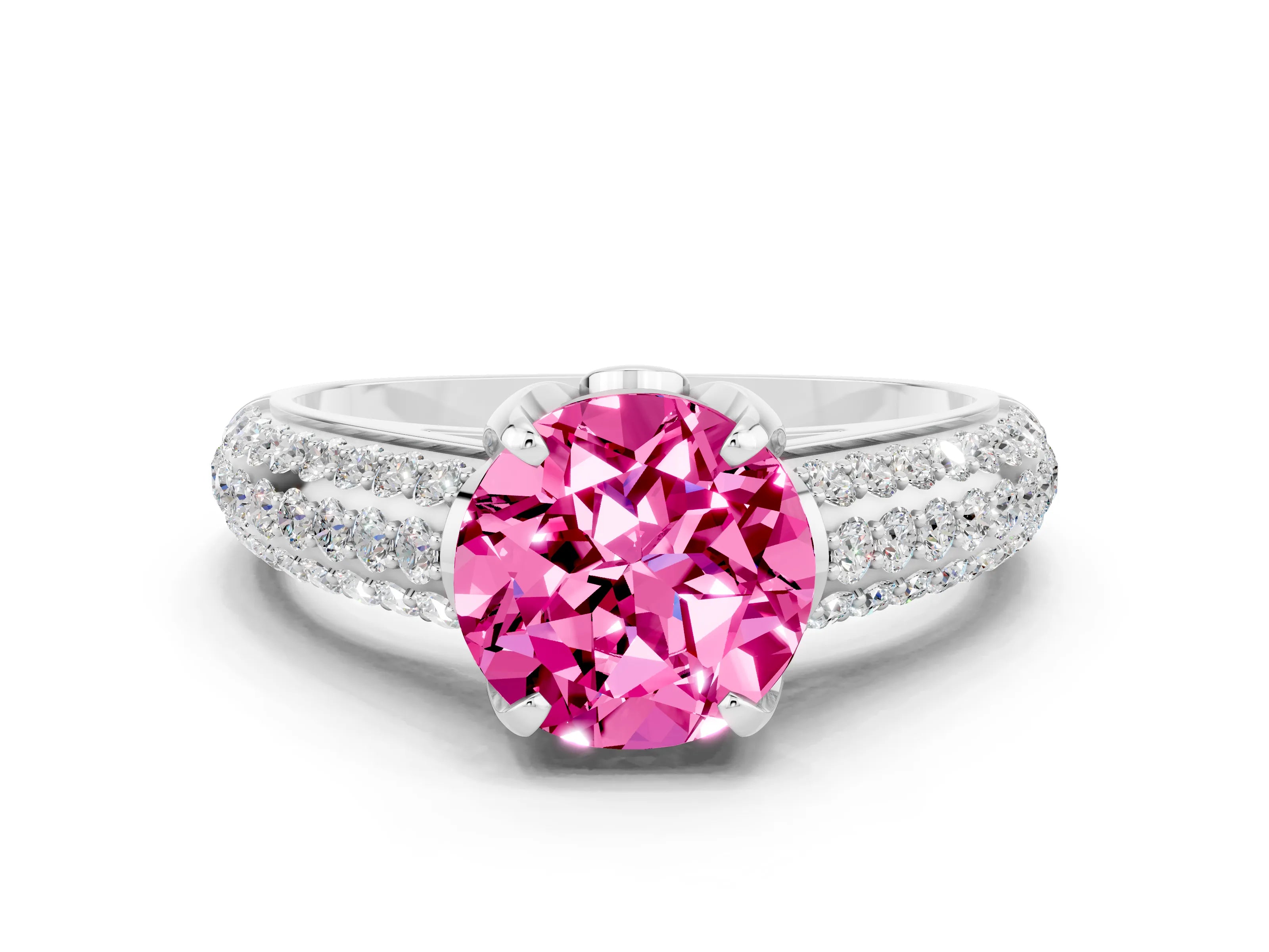 White gold Round Cut Pink Sapphire Solitaire Ring with Three-Row Pavé Band and Four-Prong Setting_12