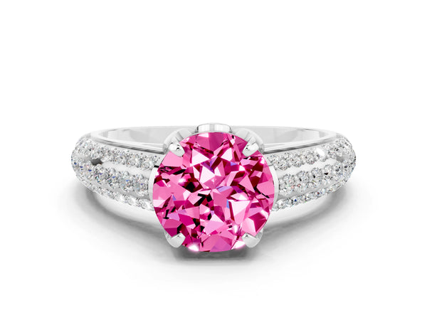 Silver Round Cut Pink Sapphire Solitaire Ring with Three-Row Pavé Band and Four-Prong Setting