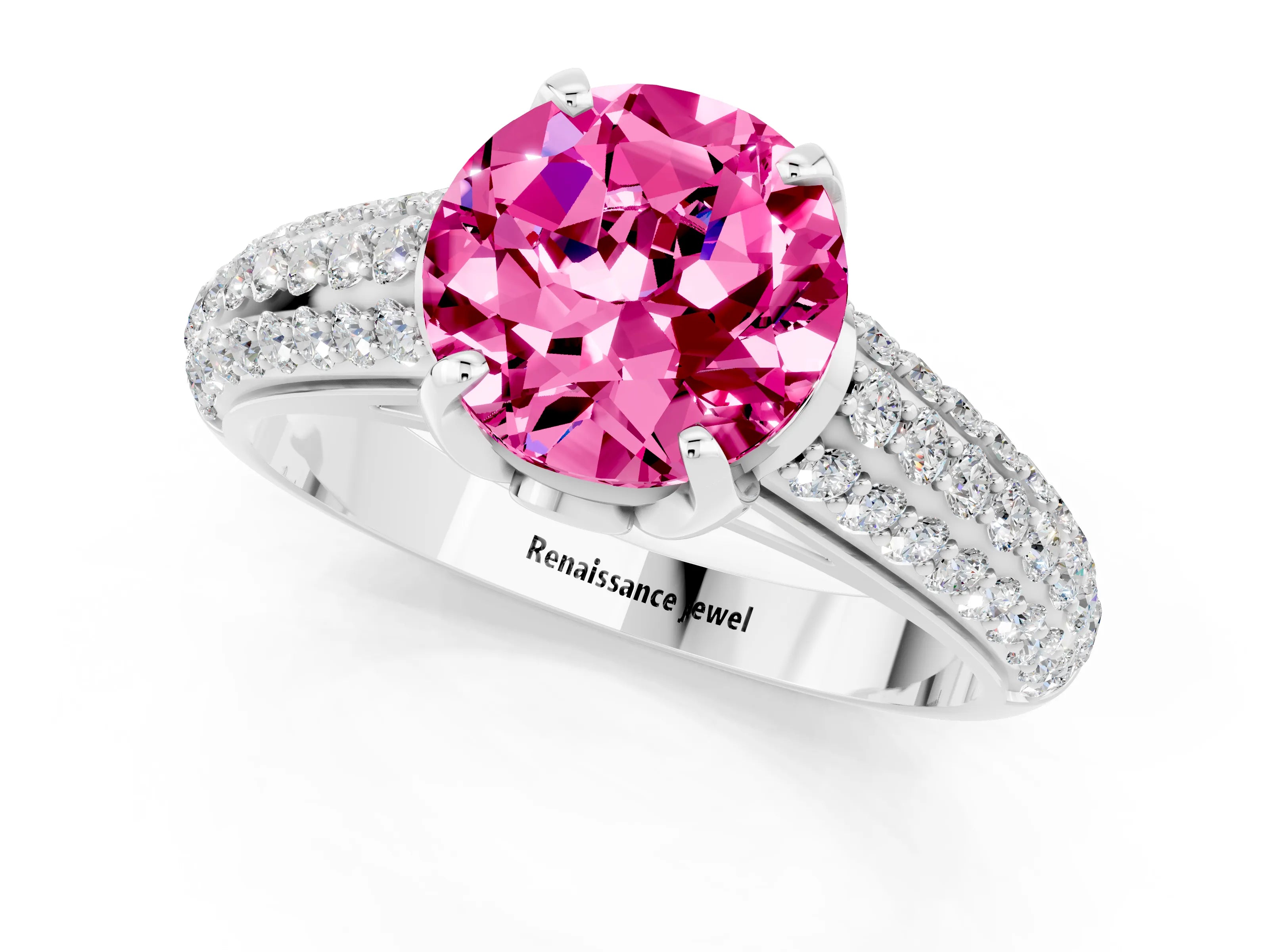 White gold Round Cut Pink Sapphire Solitaire Ring with Three-Row Pavé Band and Four-Prong Setting_13