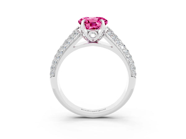 Silver Round Cut Pink Sapphire Solitaire Ring with Three-Row Pavé Band and Four-Prong Setting
