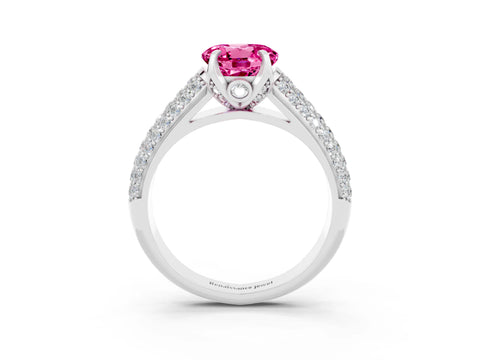 White gold Round Cut Pink Sapphire Solitaire Ring with Three-Row Pavé Band and Four-Prong Setting_15