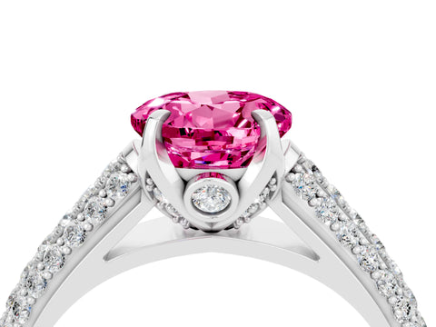 White gold Round Cut Pink Sapphire Solitaire Ring with Three-Row Pavé Band and Four-Prong Setting_16