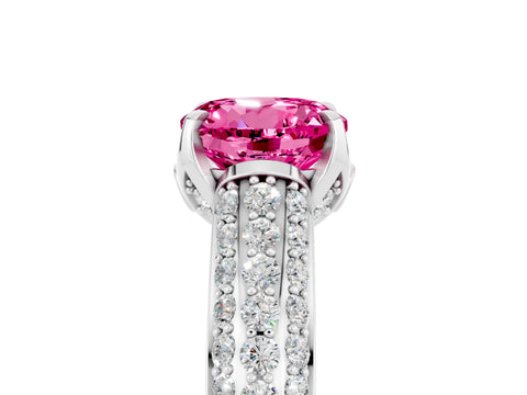 White gold Round Cut Pink Sapphire Solitaire Ring with Three-Row Pavé Band and Four-Prong Setting_17
