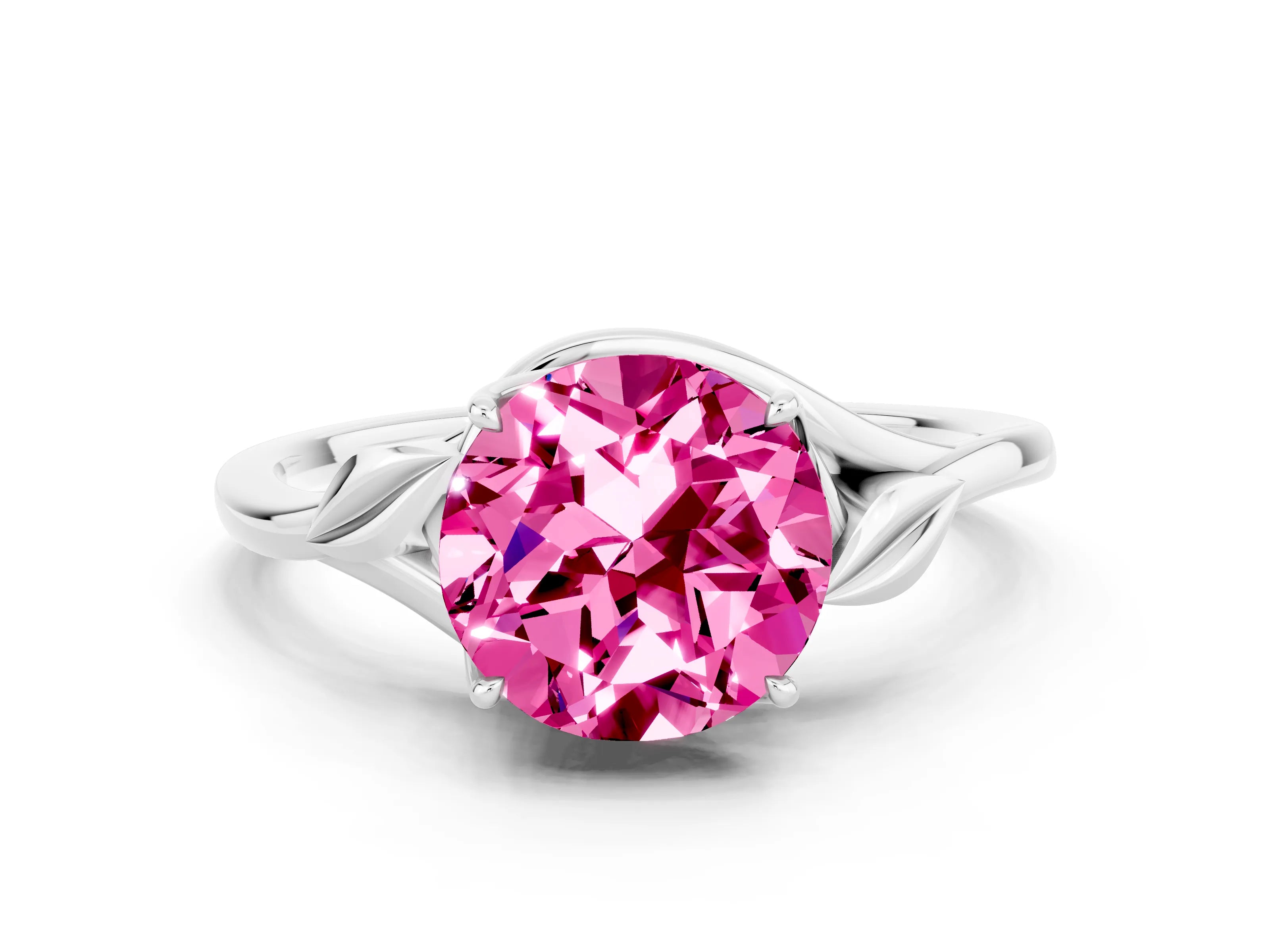 White gold Round Cut Pink Sapphire Solitaire Ring with Twist Band and Four-Prong Setting_12