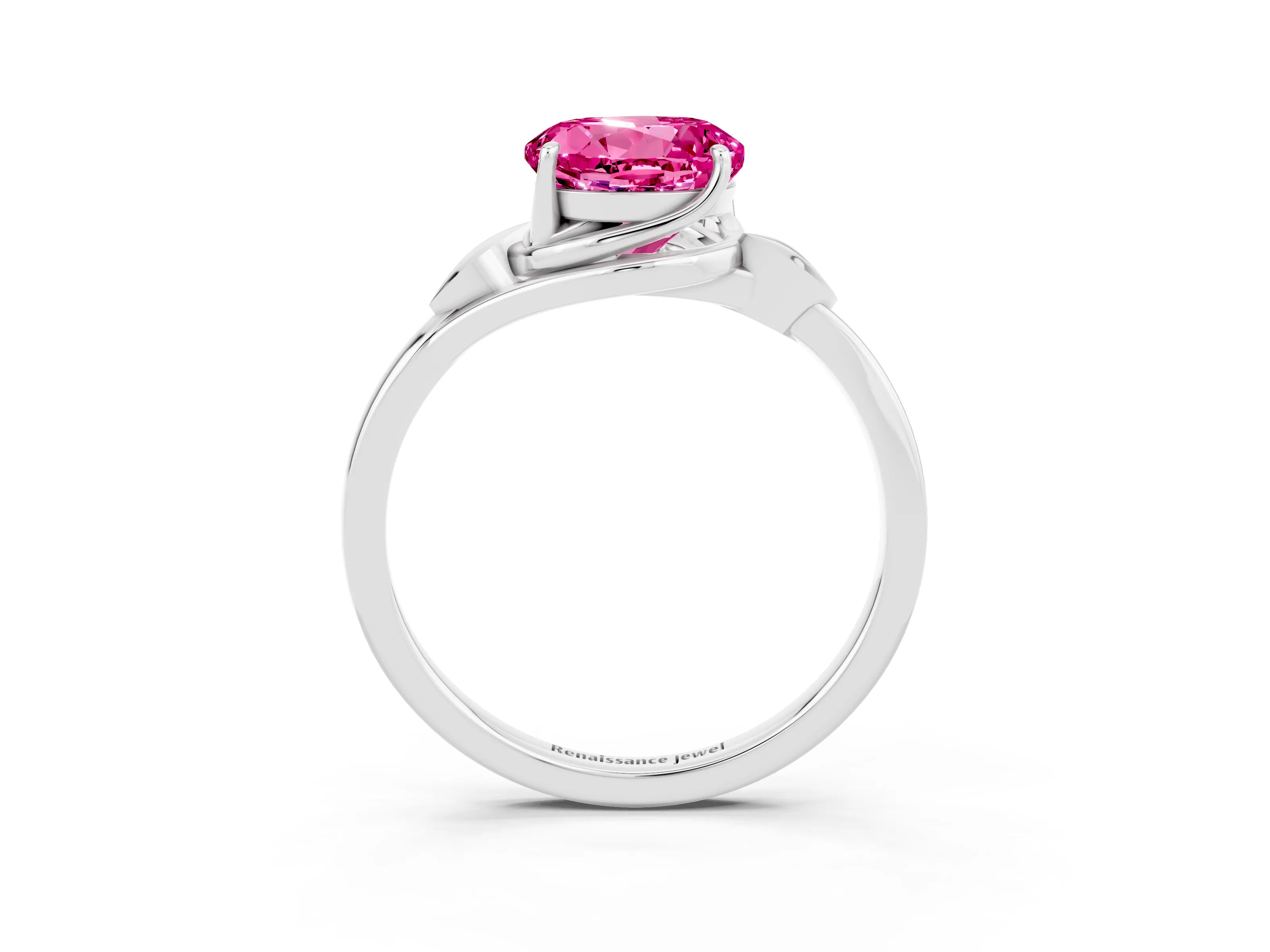 White gold Round Cut Pink Sapphire Solitaire Ring with Twist Band and Four-Prong Setting_15