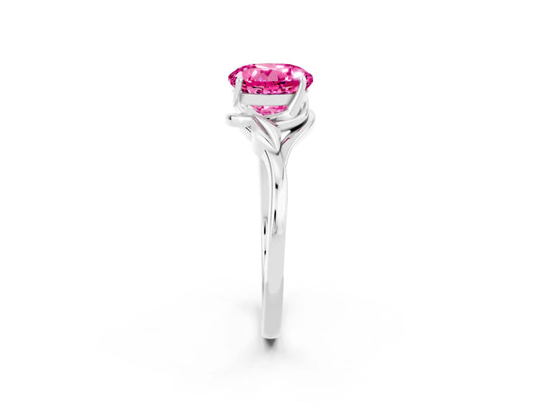 White gold Round Cut Pink Sapphire Solitaire Ring with Twist Band and Four-Prong Setting