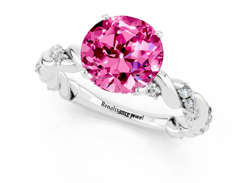 White gold Round Cut Pink Sapphire Solitaire Ring with Twisted Band and Pavé Accents_1