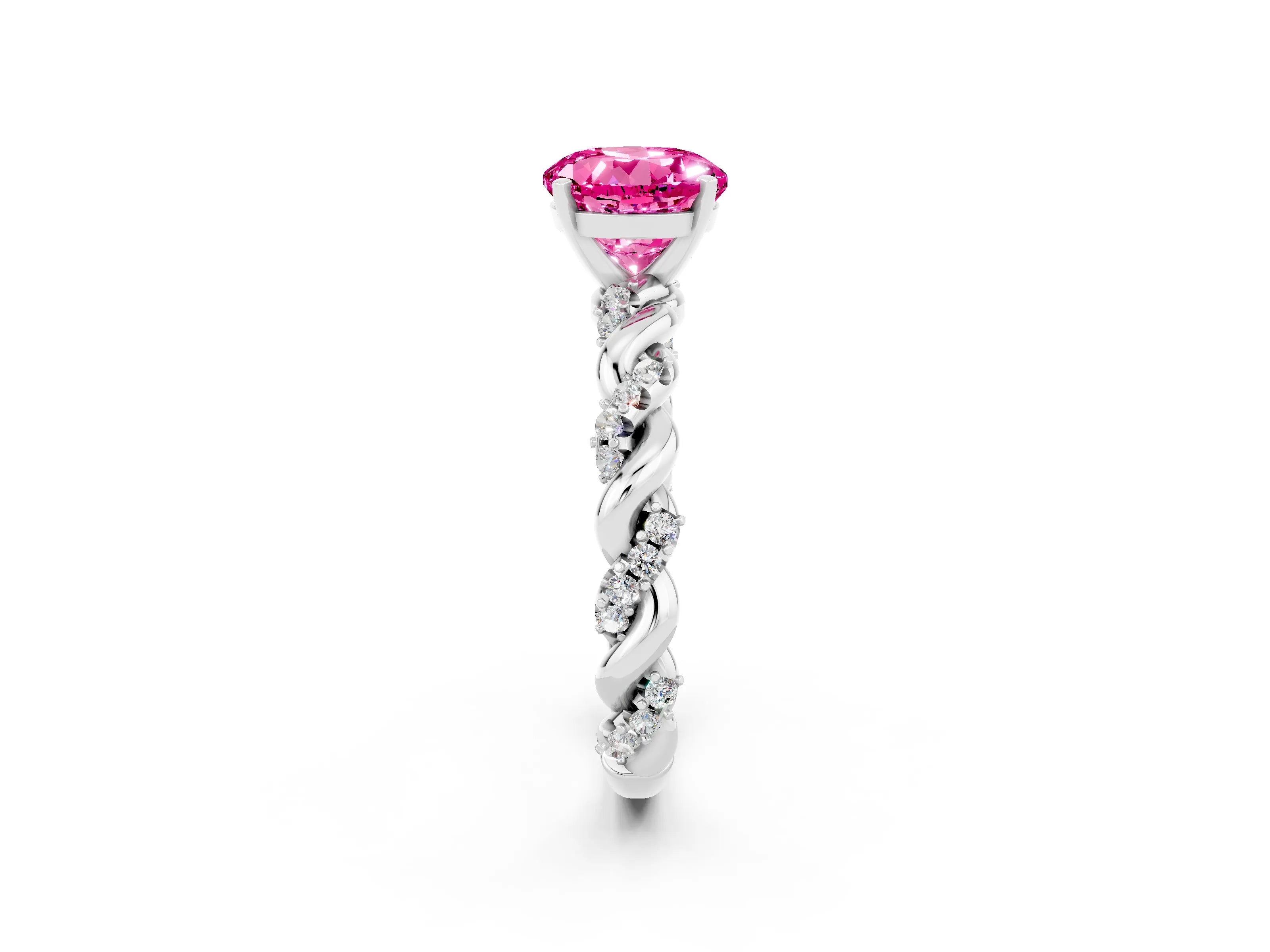 White gold Round Cut Pink Sapphire Solitaire Ring with Twisted Band and Pavé Accents_2