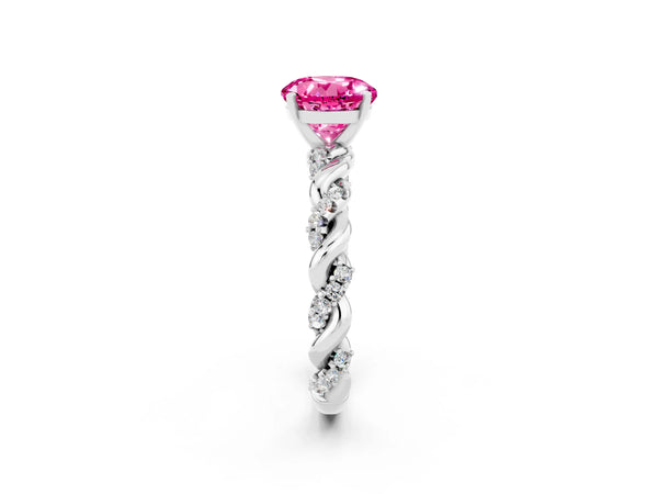 Silver Round Cut Pink Sapphire Solitaire Ring with Twisted Band and Pavé Accents