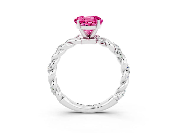 White gold Round Cut Pink Sapphire Solitaire Ring with Twisted Band and Pavé Accents