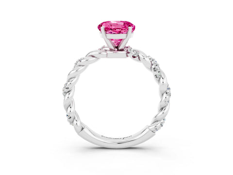 White gold Round Cut Pink Sapphire Solitaire Ring with Twisted Band and Pavé Accents_3