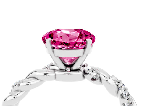 White gold Round Cut Pink Sapphire Solitaire Ring with Twisted Band and Pavé Accents_4