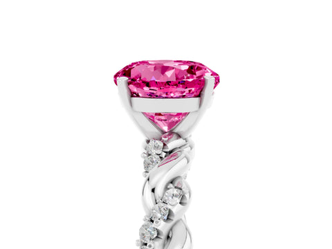 White gold Round Cut Pink Sapphire Solitaire Ring with Twisted Band and Pavé Accents_5